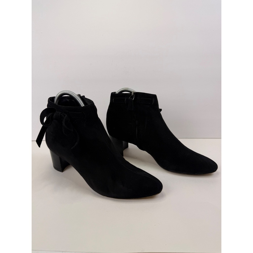 Manolo Blahnik Black Suede Bow Ankle Boots Block Heel Italy 37.5 Bootie